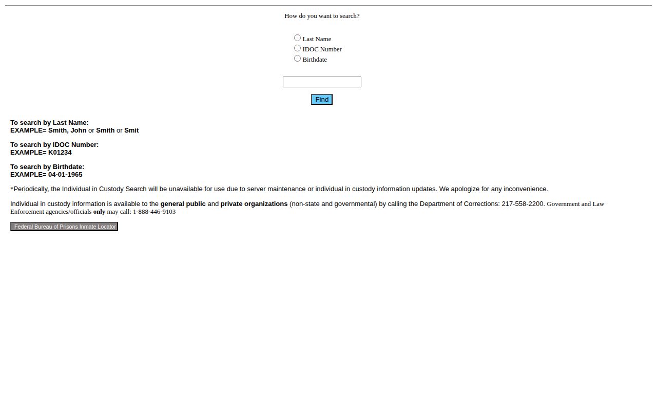 Illinois Department of Corrections offender search form