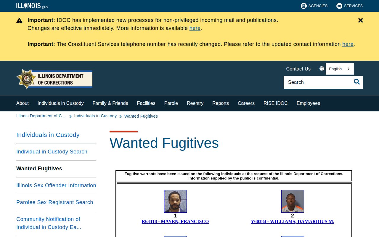 Illinois Department of Corrections wanted fugitives page